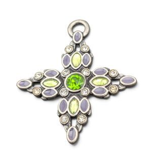 Silver Tone Cross Pendant Green Rhinestones Purple Cabochon 1.25" Unmarked